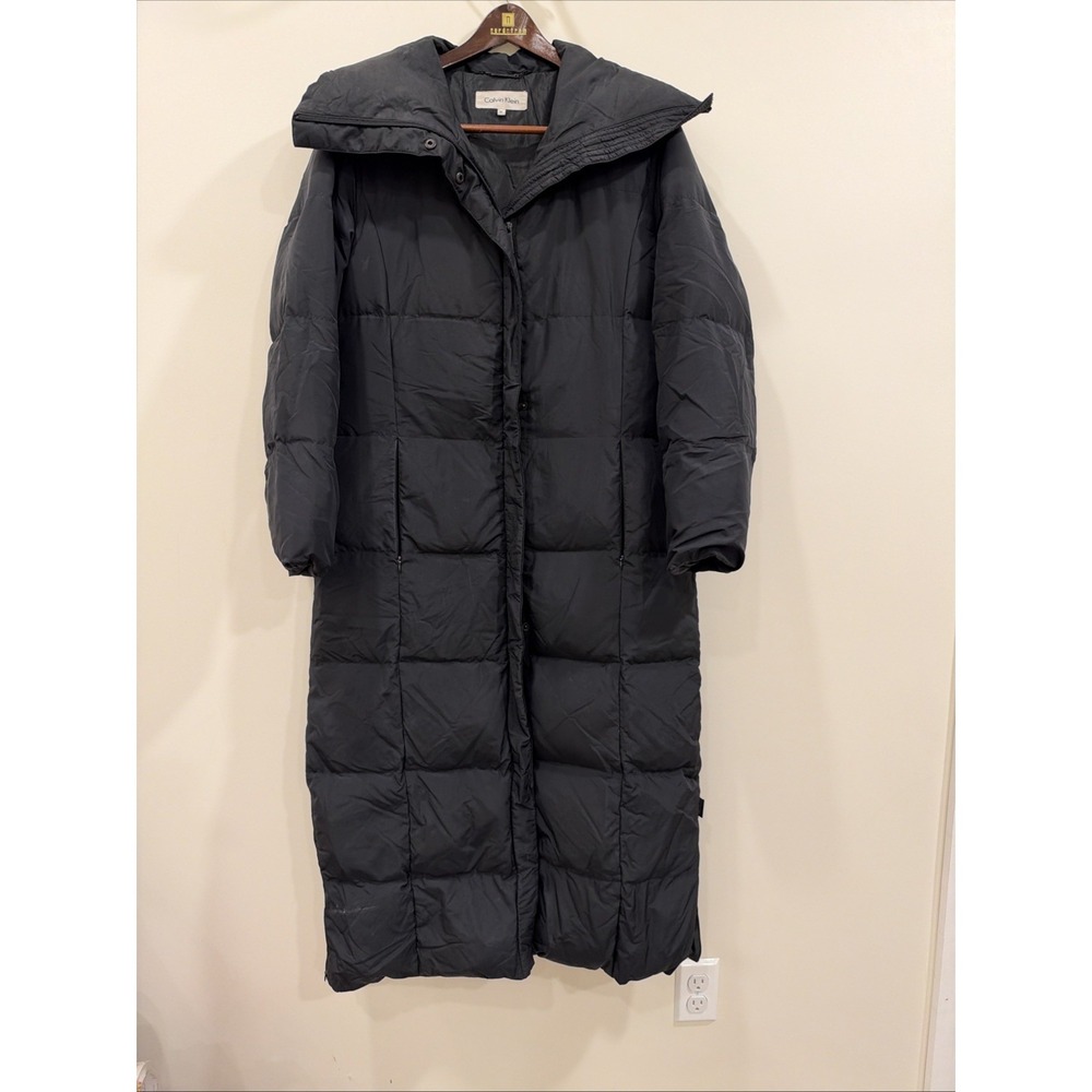Calvin Klein M Duck Down Puffer Coat Jacket Women Black Knee Length Winter